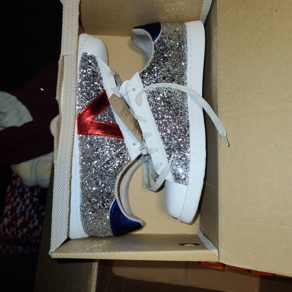 Victoria Glittery Silver Sneakers with Red and Blue Accents